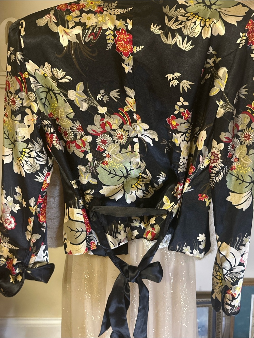 MSK Black Floral Satin Wrap Blazer